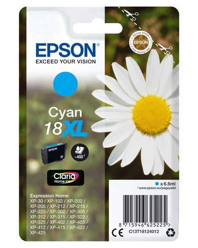 Epson 18XL - 6.6 ml - XL - cyan - original - cartouche d'encre - pour Expression Home XP-212, 215, 225, 312, 315, 322, 325, 412, 415, 422, 425 