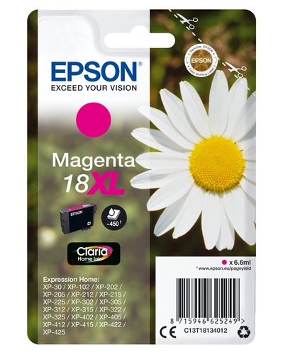 Epson 18XL - 6.6 ml - XL - magenta - original - emballage coque avec alarme radioélectrique - cartouche d'encre - pour Expression Home XP-212, 215, 225, 312, 315, 322, 325, 412, 415, 422, 425 