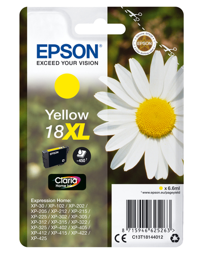 Epson 18XL - 6.6 ml - XL - jaune - original - cartouche d'encre - pour Expression Home XP-212, 215, 225, 312, 315, 322, 325, 412, 415, 422, 425
