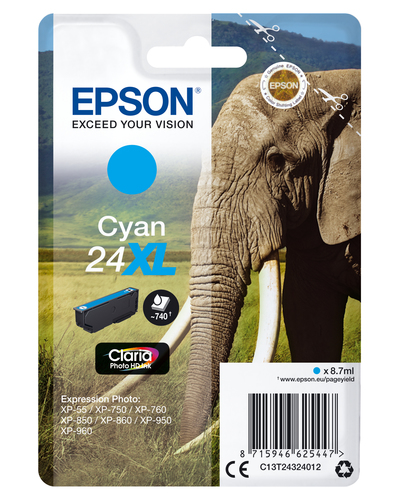 Epson 24XL - 8.7 ml - XL - cyan - original - cartouche d'encre - pour Expression Photo XP-55, 750, 760, 850, 860, 950, 960, 970, Expression Premium XP-750, 850