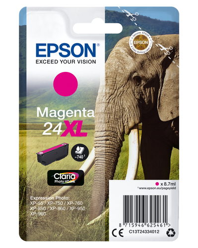 Epson 24XL - 8.7 ml - XL - magenta - original - cartouche d'encre - pour Expression Photo XP-55, 750, 760, 850, 860, 950, 960, 970, Expression Premium XP-750, 850 