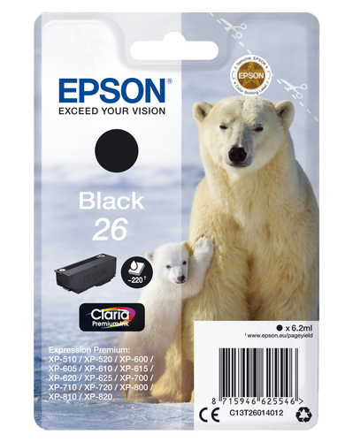 Epson 26 - 6.2 ml - noir - original - emballage coque avec alarme radioélectrique/ acoustique - cartouche d'encre - pour Expression Premium XP-510, 520, 600, 605, 610, 615, 620, 625, 700, 710, 720, 800, 810, 820 