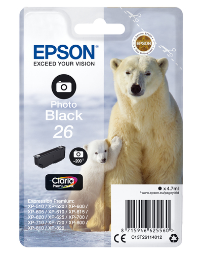 Epson 26 - 4.7 ml - photo noire - original - emballage coque avec alarme radioélectrique/ acoustique - cartouche d'encre - pour Expression Premium XP-510, 520, 600, 605, 610, 615, 620, 625, 700, 710, 720, 800, 810, 820 
