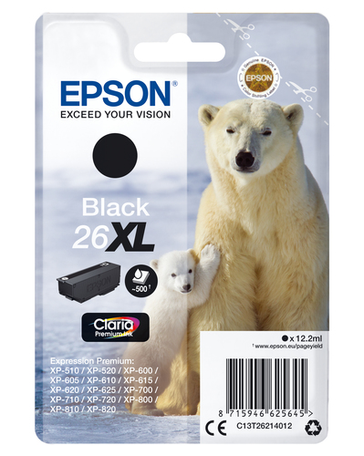 Epson 26XL - 12.2 ml - XL - noir - original - emballage coque avec alarme radioélectrique/ acoustique - cartouche d'encre - pour Expression Premium XP-510, 520, 600, 605, 610, 615, 620, 625, 700, 710, 720, 800, 810, 820 