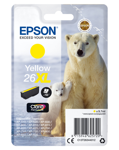 Epson 26XL - 8.7 ml - XL - jaune - original - blister - cartouche d'encre - pour Expression Premium XP-510, 520, 600, 605, 610, 615, 620, 625, 700, 710, 720, 800, 810, 820 - disponible 15 jours 