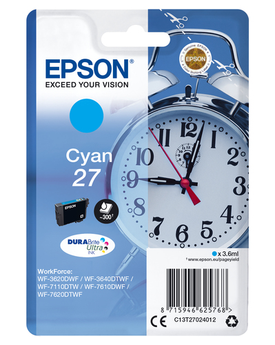 Epson 27 - 3.6 ml - cyan - original - cartouche d'encre - pour WorkForce WF-3620, WF-3640, WF-7110, WF-7210, WF-7610, WF-7620, WF-7710, WF-7715, WF-7720