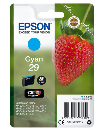 Epson 29 - 3.2 ml - cyan - original - emballage coque avec alarme radioélectrique/ acoustique - cartouche d'encre - pour Expression Home XP-235, 245, 247, 255, 332, 335, 342, 345, 432, 435, 442, 445, 455 