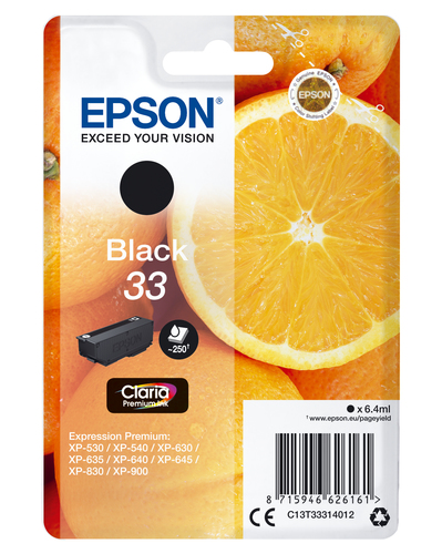 Epson 33 - 6.4 ml - noir - original - emballage coque avec alarme radioélectrique/ acoustique - cartouche d'encre - pour Expression Home XP-635, 830, Expression Premium XP-530, 540, 630, 635, 640, 645, 830, 900