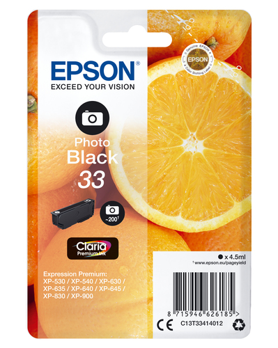 Epson 33 - 4.5 ml - photo noire - original - emballage coque avec alarme radioélectrique/ acoustique - cartouche d'encre - pour Expression Home XP-635, 830, Expression Premium XP-530, 540, 630, 635, 640, 645, 830, 900 