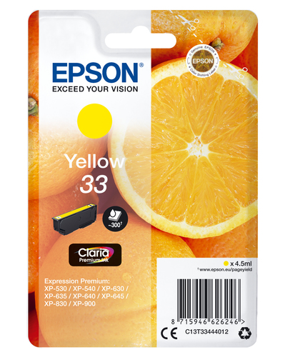 Epson 33 - 4.5 ml - jaune - original - emballage coque avec alarme radioélectrique/ acoustique - cartouche d'encre - pour Expression Home XP-635, 830, Expression Premium XP-530, 540, 630, 635, 640, 645, 830, 900 