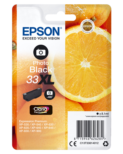 Epson 33XL - 8.1 ml - XL - photo noire - original - emballage coque avec alarme radioélectrique/ acoustique - cartouche d'encre - pour Expression Home XP-635, 830, Expression Premium XP-530, 540, 630, 635, 640, 645, 830, 900 