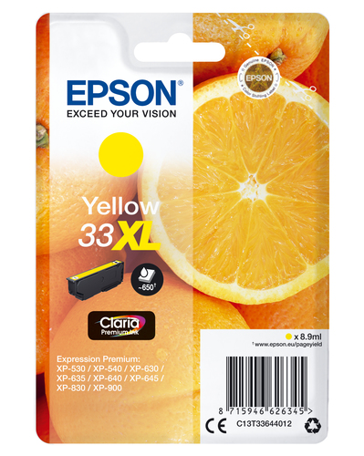Epson 33XL - 8.9 ml - XL - jaune - original - emballage coque avec alarme radioélectrique/ acoustique - cartouche d'encre - pour Expression Home XP-635, 830, Expression Premium XP-530, 540, 630, 635, 640, 645, 830, 900 