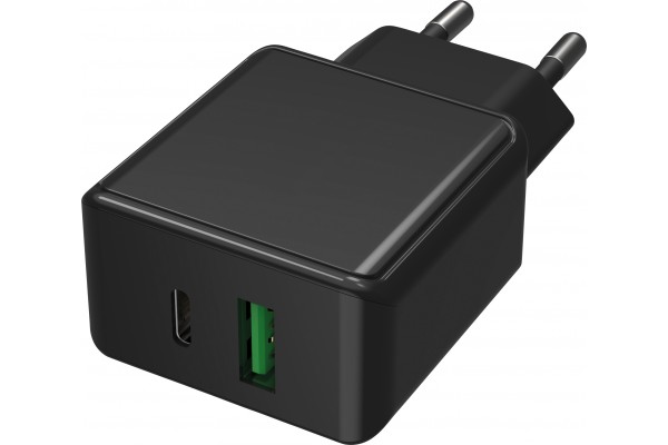 CHARGEUR SECTEUR 1 PORT USB Type-A QC + 1 PORT USB Type-C PD NOIR 