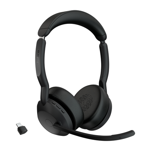 Jabra Evolve2 55 UC Stereo - Micro-casque - sur-oreille - Bluetooth - sans fil - Suppresseur de bruit actif - USB-C - noir - certifié Zoom, Cisco Webex Certified, Certifié Alcatel-Lucent, Certifié Avaya, Certifié Unify, Certifié MFi, Certifié Google Meet,
