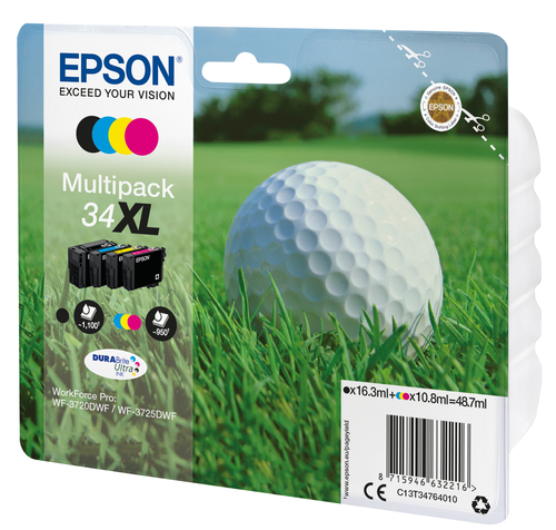 Epson 34XL - Pack de 4 - XL - noir, jaune, cyan, magenta - original - blister - cartouche d'encre - pour WorkForce Pro WF-3720, WF-3720DWF, WF-3725DWF 