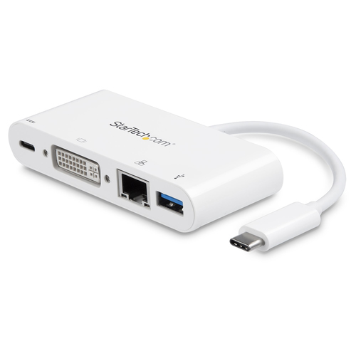 StarTech.com Adaptateur multiport USB-C - Power Delivery (USB PD) - USB C vers USB 3.0 / DVI / GbE - Hub USB Type-C - Adaptateur vidéo externe - USB-C - DVI, RJ-45 - blanc 
