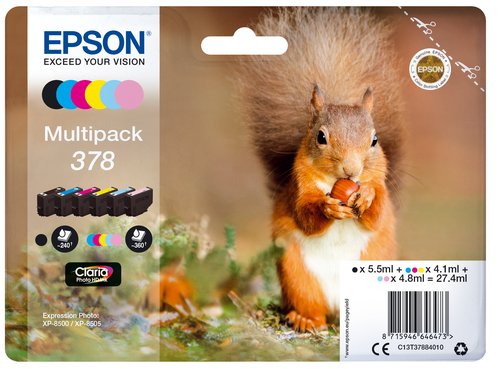 Epson 378 Multipack - Pack de 6 - noir, jaune, cyan, magenta, magenta clair, cyan clair - original - emballage coque avec alarme radioélectrique/ acoustique - cartouche d'encre - pour Expression Home XP-8605, XP-8606, Expression Photo XP-8500 Small-in-One