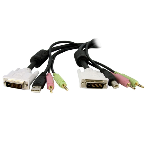 StarTech.com Câble de commutateur KVM DVI-D Dual Link USB 4 en 1 de 1,8 m avec audio et microphone - Câble clavier/vidéo/souris/audio - USB, mini-phone stereo 3.5 mm, DVI-D (M) pour mini-phone stereo 3.5 mm, USB type B, DVI-D (M) - 1.8 m - noir - pour P/N
