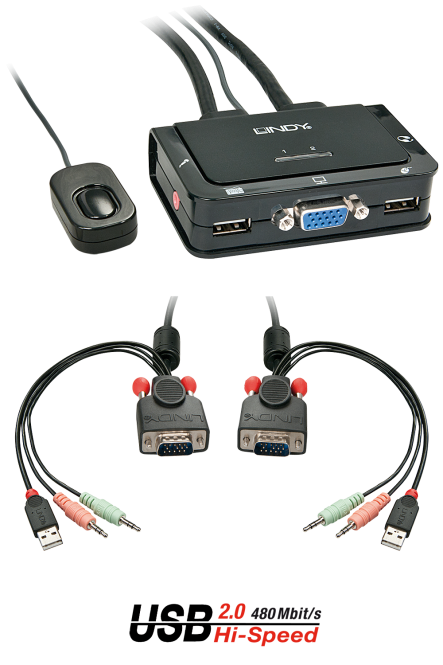 Lindy Switch KVM 2 Ports VGA, USB 2.0 & Audio, Câbles Intégrés 