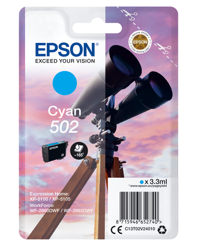 Epson 502 - 3.3 ml - cyan - original - emballage coque avec alarme radioélectrique/ acoustique - cartouche d'encre - pour Expression Home XP-5100, XP-5150, WorkForce WF-2860, WF-2865DWF, WF-2880DWF, WF-2885DWF 