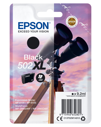 Epson 502XL - 9.2 ml - haute capacité - noir - original - blister - cartouche d'encre - pour Expression Home XP-5100, 5105, 5150, 5155, WorkForce WF-2860, 2865, 2880, 2885