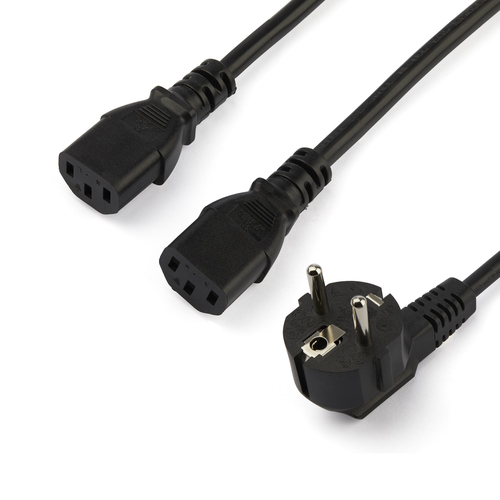 StarTech Câble d'alimentation PC - Cordon secteur en Y Schuko vers C13 de 2 m - Prise européenne vers 2x C13 - Câble d'alimentation - power CEE 7/7 (M) pour power IEC 60320 C13 - CA 250 V - 10 A - 2 m - noir 
