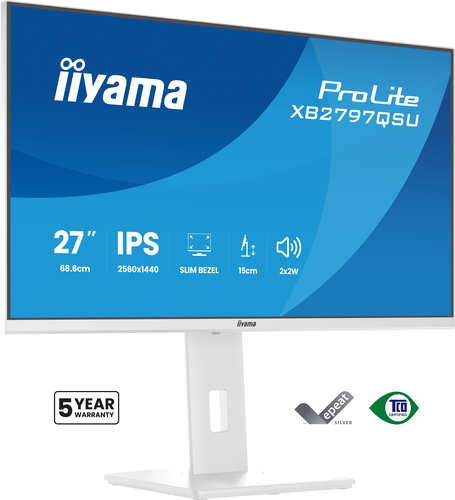 iiyama ProLite XB2797QSU-W1 - Écran LED - 27" - 2560 x 1440 QHD @ 75 Hz - IPS - 350 cd/m² - 1000:1 - 1 ms - 2xHDMI, DisplayPort - haut-parleurs - blanc, mat 