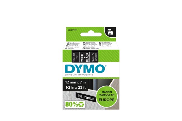 DYMO D1 Ruban d étiquette, 12 mm x 7 m, blanc/noir 