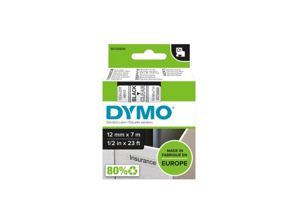 DYMO Ruban D1 - 12mm noir sur transp 