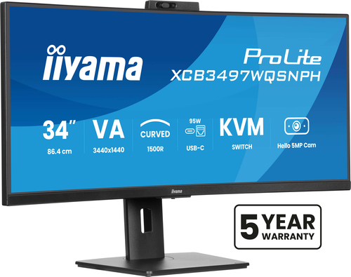 iiyama ProLite XCB3497WQSNPH-B1 - Écran LED - incurvé - 34" (31.3" visualisable) - 3440 x 1440 UWQHD @ 120 Hz - VA - 300 cd/m² - 3000:1 - 0.4 ms - 2xHDMI, DisplayPort, USB-C - haut-parleurs - noir mat 
