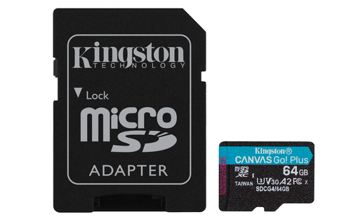 Kingston Canvas Go! Plus - Carte mémoire flash (adaptateur microSDXC vers SD inclus(e)) - 64 Go - A2 / Video Class V30 / UHS-I U3 / Class10 - microSDXC UHS-I 