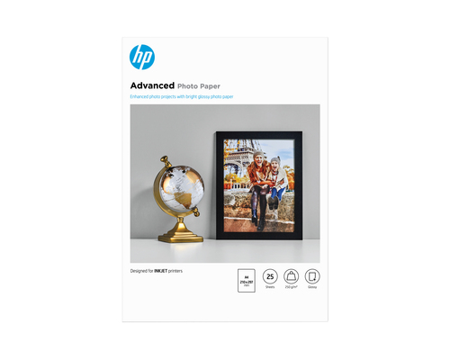 HP Advanced Glossy Photo Paper - Brillant - A4 (210 x 297 mm) - 250 g/m² - 25 feuille(s) papier photo - pour ENVY 50XX, Officejet 52XX, 80XX, Photosmart B110, Wireless B110 