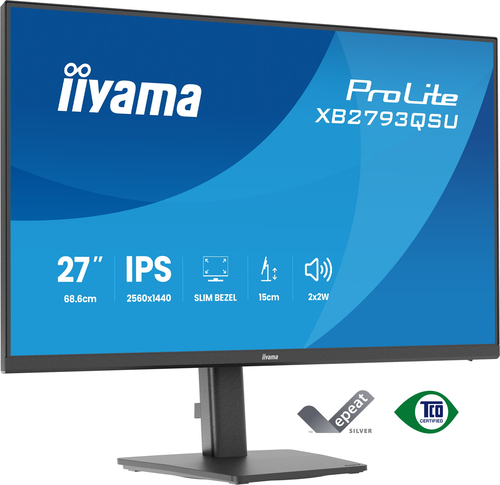 iiyama ProLite XB2793QSU-B1 - Écran LED - 27" - 2560 x 1440 QHD @ 75 Hz - IPS - 350 cd/m² - 1000:1 - 1 ms - HDMI, DisplayPort - haut-parleurs - noir, mat 