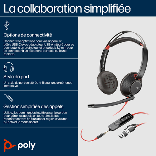Poly Blackwire 5220 - micro-casque - USB-C, jack 3,5mm